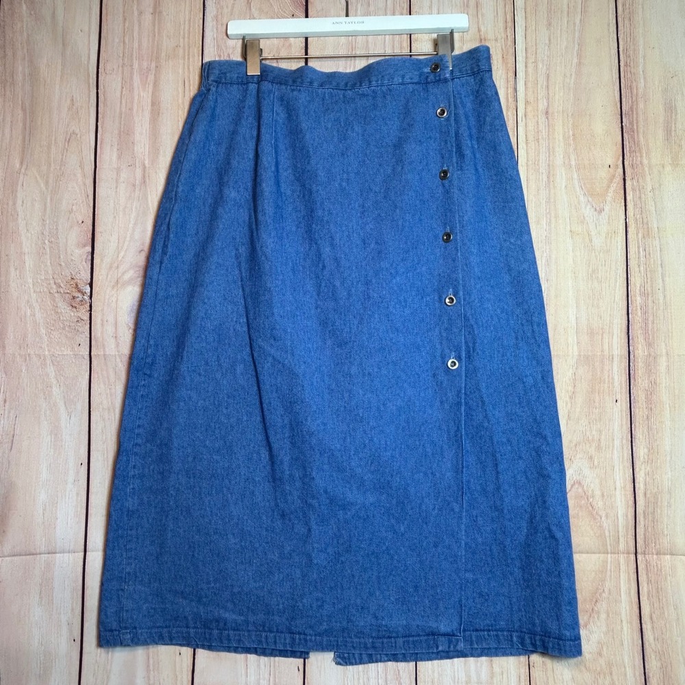 Ashley Petites Denim Midi Skirt Womens 14P Blue Side Button A-Line Cottagecore